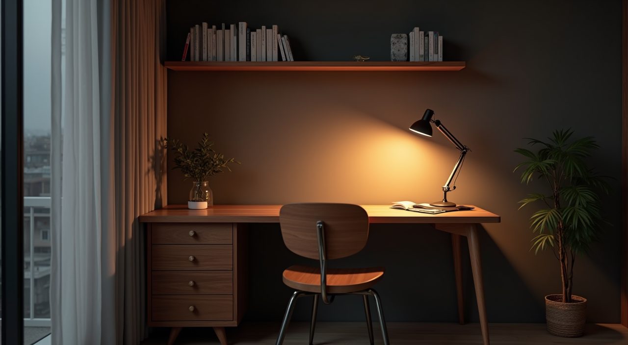 Dusk mood shot of a mid-century modern study room in a Singapore condo with warm task lamp glow