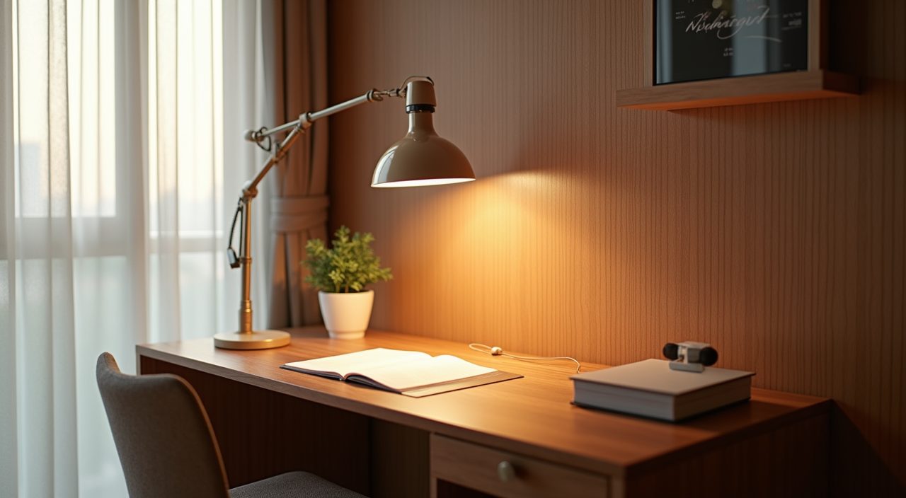 Mid-century modern study room in a Singapore condo with an articulated dome task lamp and side window for glare control