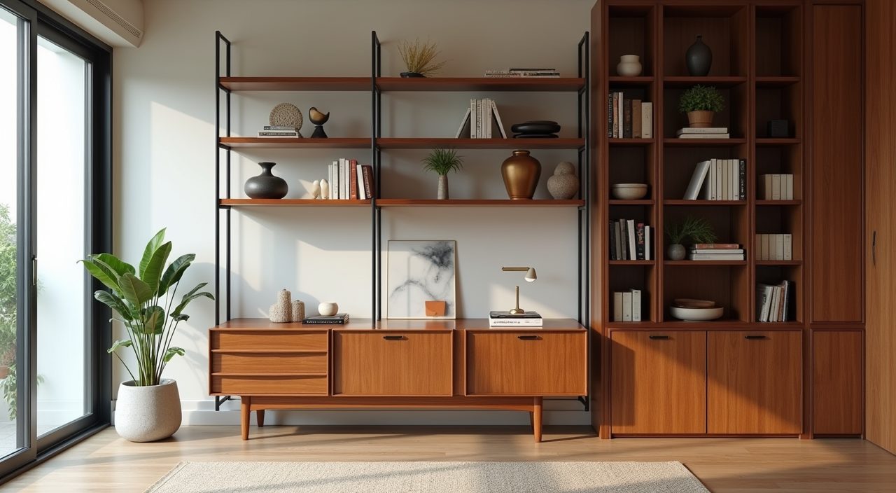 Mid-century modern low teak sideboard and open shelving storage in a Singapore study room