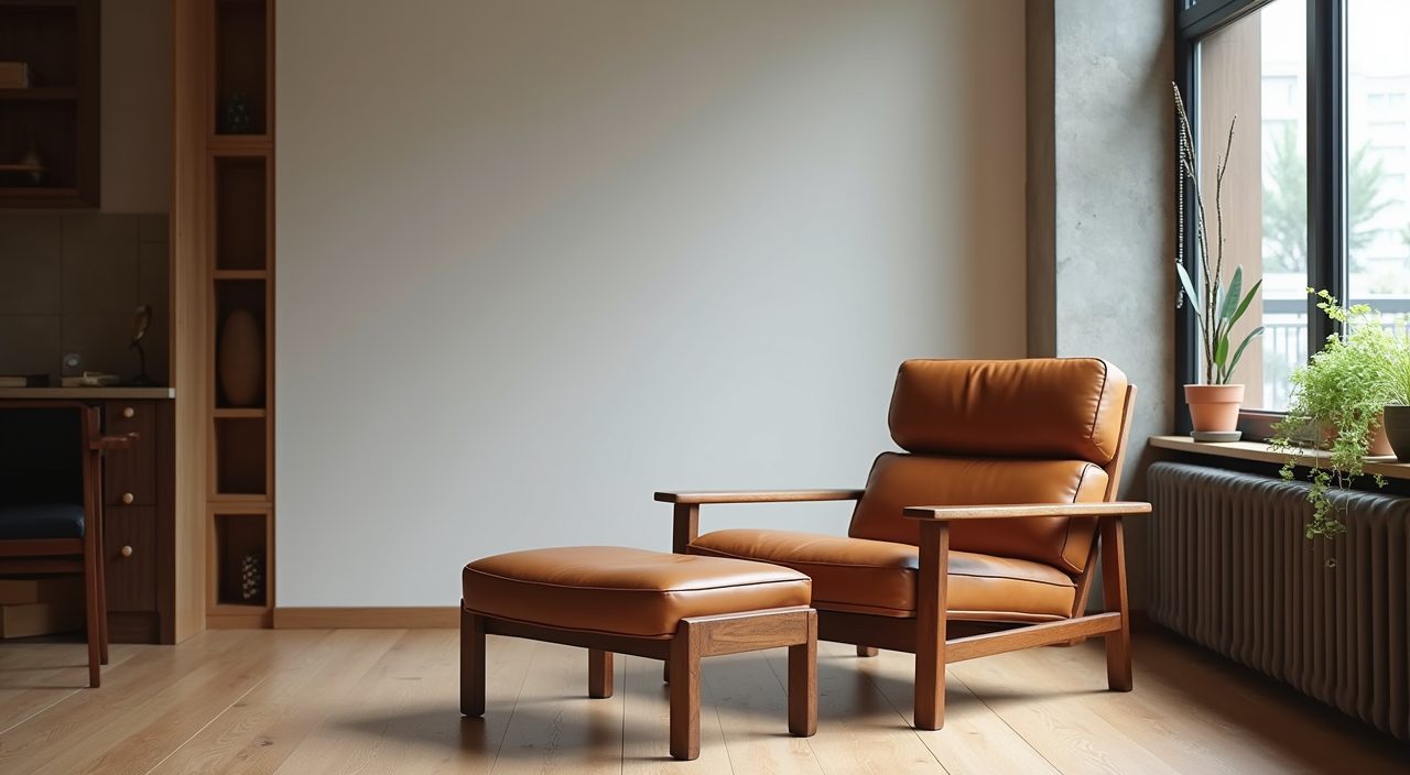 Mid-century modern leather and walnut lounge chair as a statement piece in a Singapore study room corner