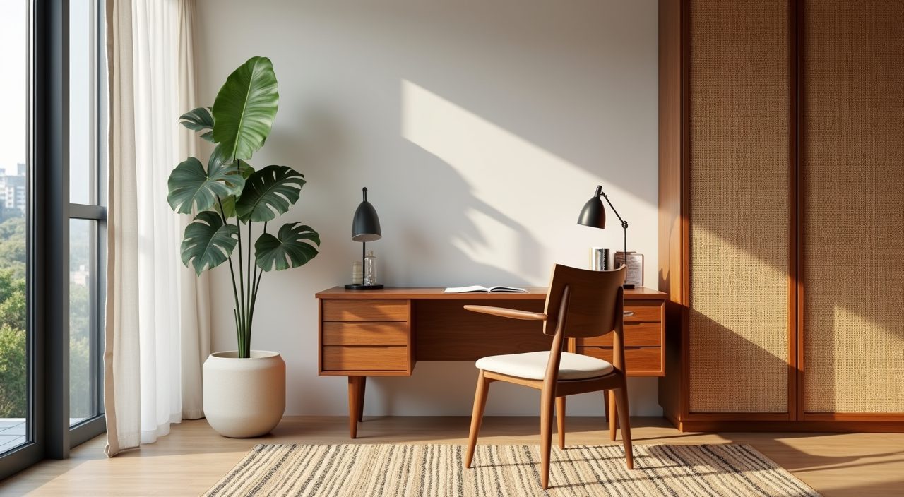 Mid-century modern Singapore study room softened with a monstera plant, rattan texture and a wool rug