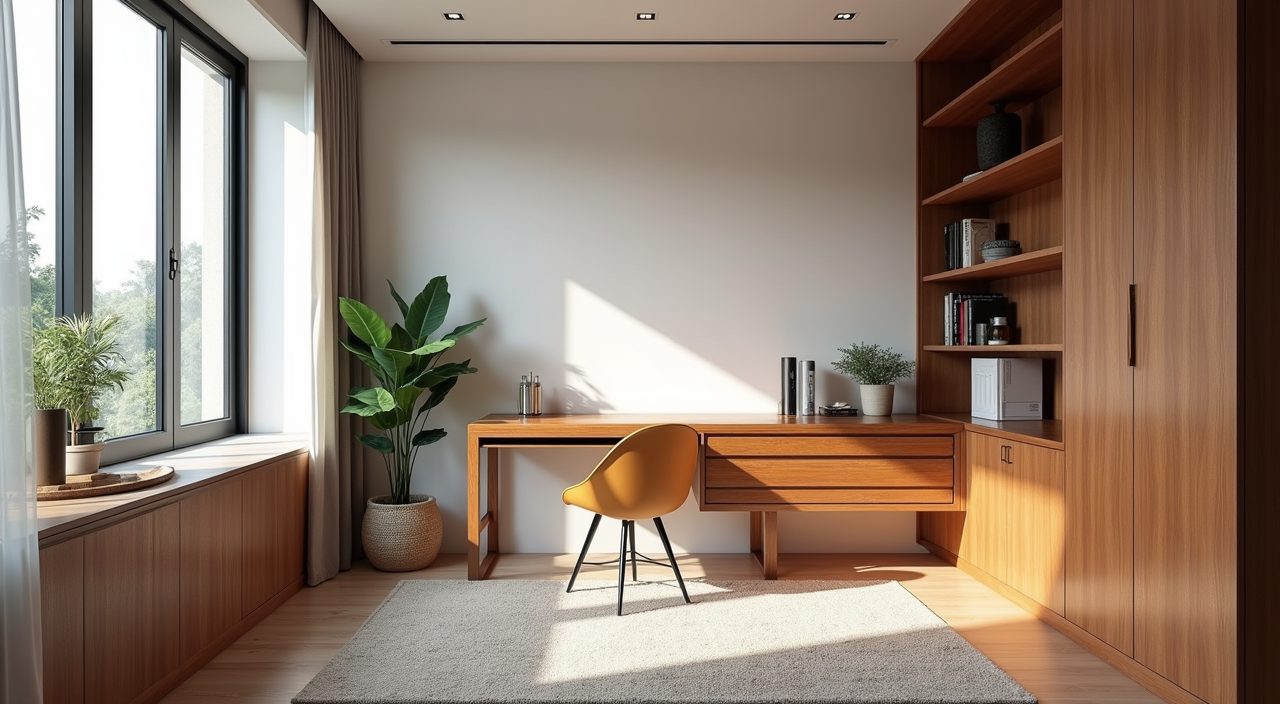 Mid-century modern study nook in an open-plan Singapore condo living area with a wood desk and bay window
