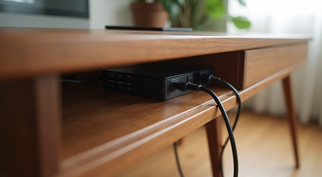Mid-century modern floating wood study desk in a Singapore home with tidy desk-height power points and hidden cabling