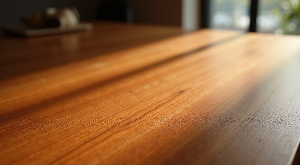 Close-up of matte satin teak wood grain on a mid-century modern study desk in a Singapore home