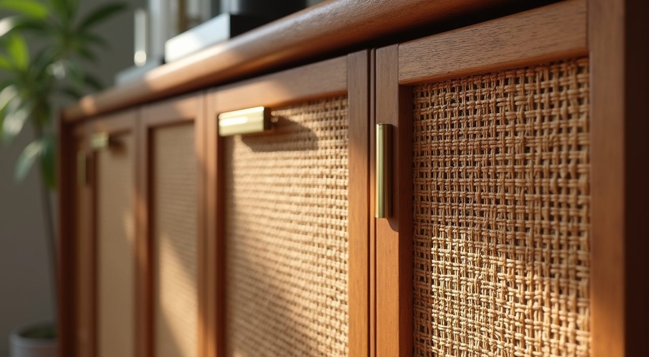 Detail of cane webbing and brass hardware on a mid-century modern study cabinet in a Singapore home