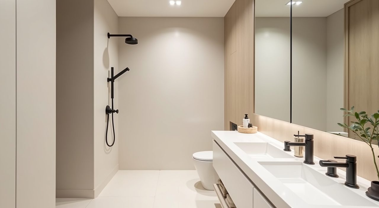Minimalist Singapore bathroom in a warm off-white and greige two tone neutral palette
