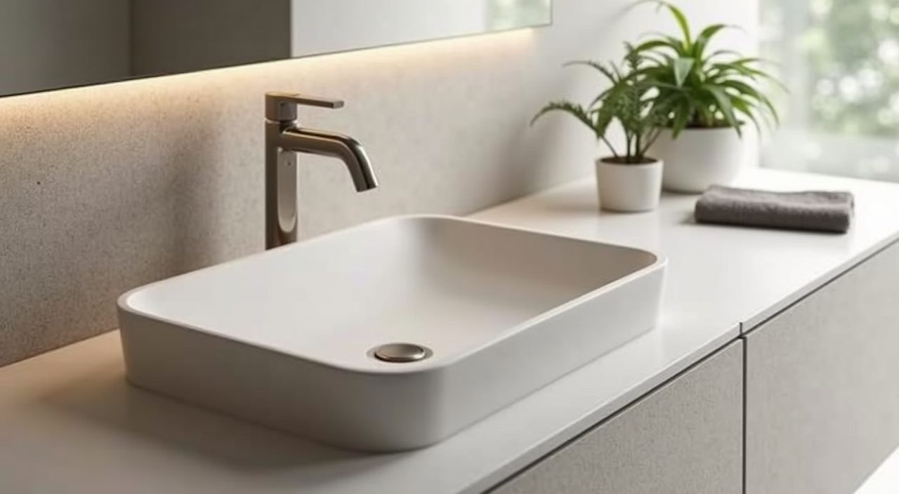 Minimalist Singapore bathroom vanity top detail with stone-look basin and slim mixer