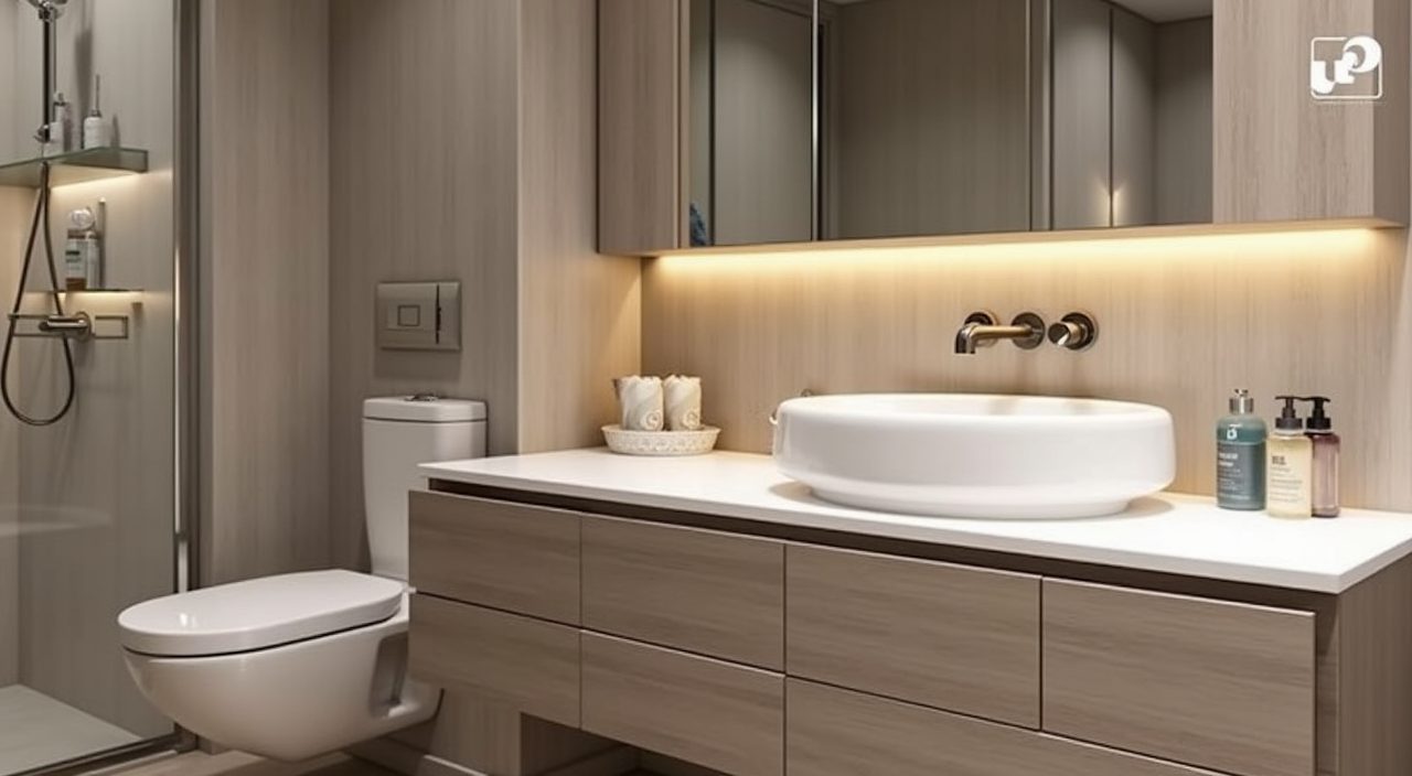 Minimalist Singapore bathroom hidden storage with mirror cabinet, wall-hung vanity and recessed shower niche