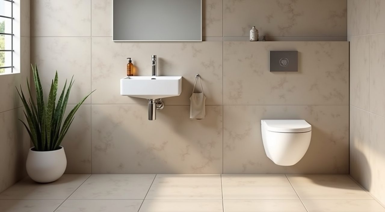 Minimalist Singapore bathroom with wall-hung WC and basin over a continuous open floor