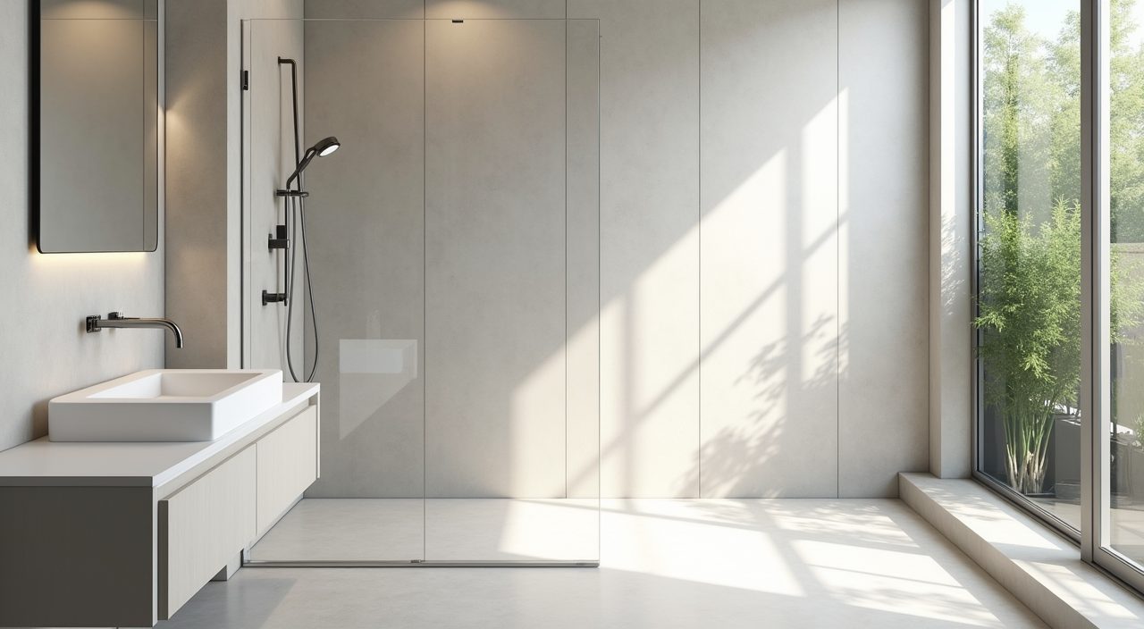 Minimalist Singapore walk-in shower with frameless clear glass screen and linear drain