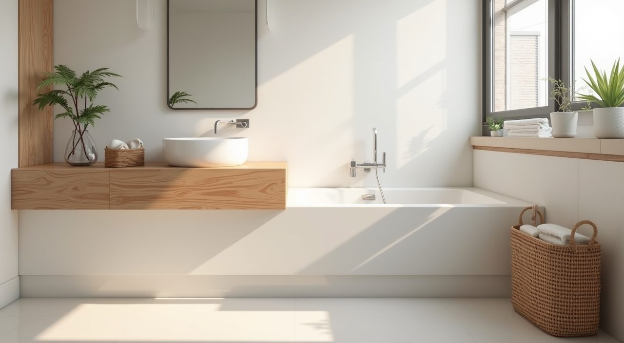 Minimalist Singapore bathroom warmth detail with timber-look porcelain, bamboo caddy and woven basket