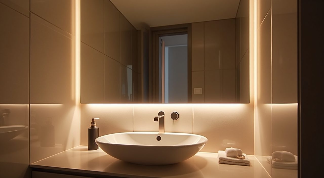Minimalist Singapore bathroom layered lighting detail with mirror task light and floating LED strip