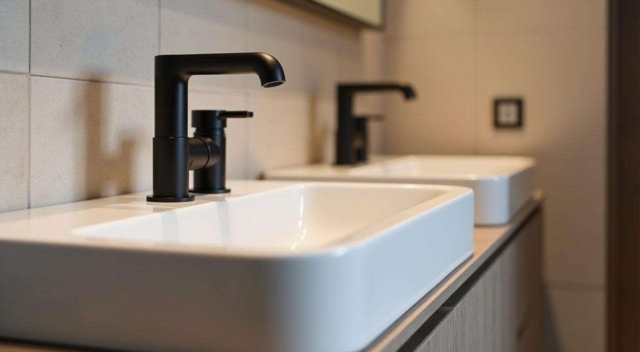 Minimalist Singapore bathroom consistent matte black tapware and hardware detail