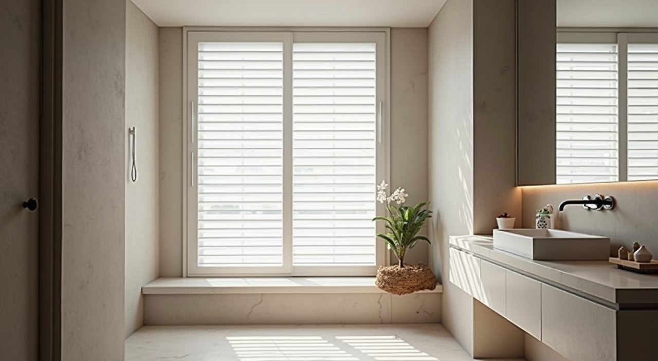 Minimalist Singapore bathroom corner nook with a translucent louvred window and natural light