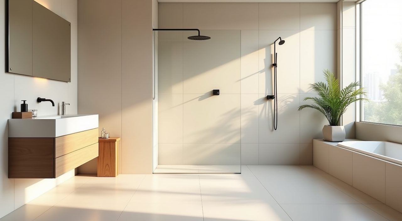 Minimalist Singapore condo bathroom mood shot with soft daylight and calm uncluttered wet room