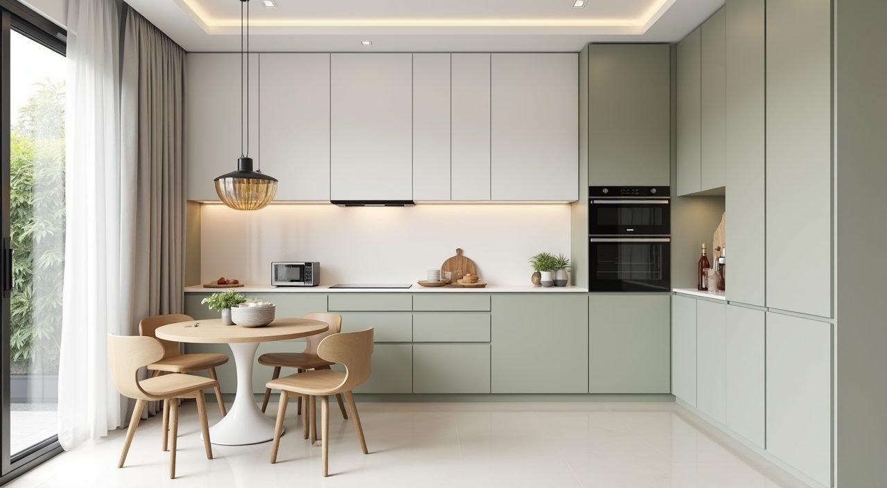 Minimalist Singapore HDB kitchen in a warm white and sage palette showing a restrained two colour scheme