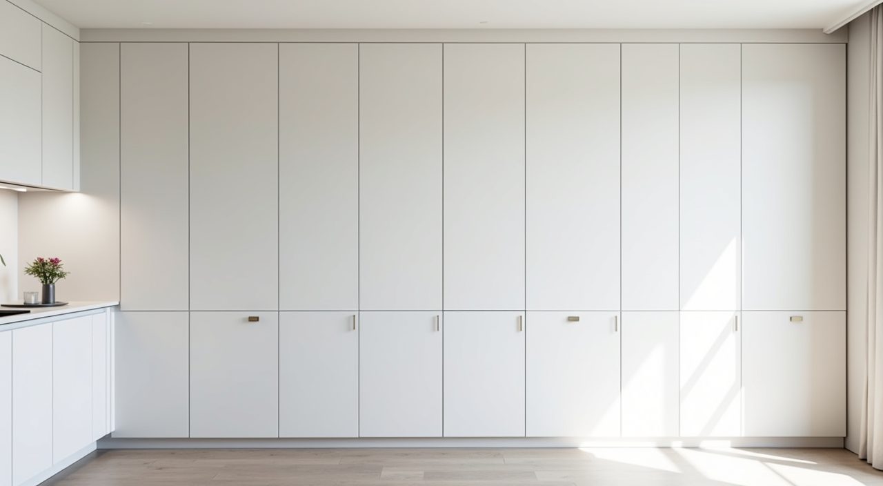 Minimalist Singapore condo kitchen with full height handleless matte white cabinets running to the ceiling