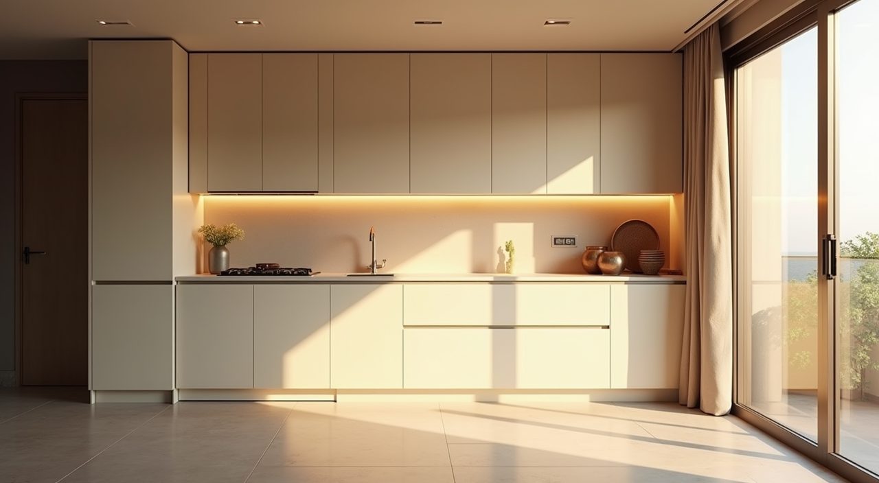 Minimalist Singapore condo dry kitchen in warm golden hour light with uninterrupted pale counters