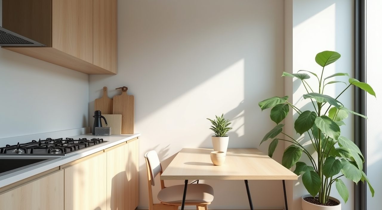 Minimalist Singapore kitchen dining nook in an L shaped layout with a small wood table and a pothos plant