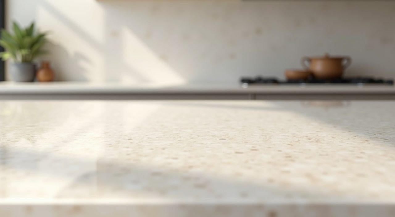 Close up of a seamless pale sintered stone countertop and slab backsplash in a minimalist Singapore kitchen