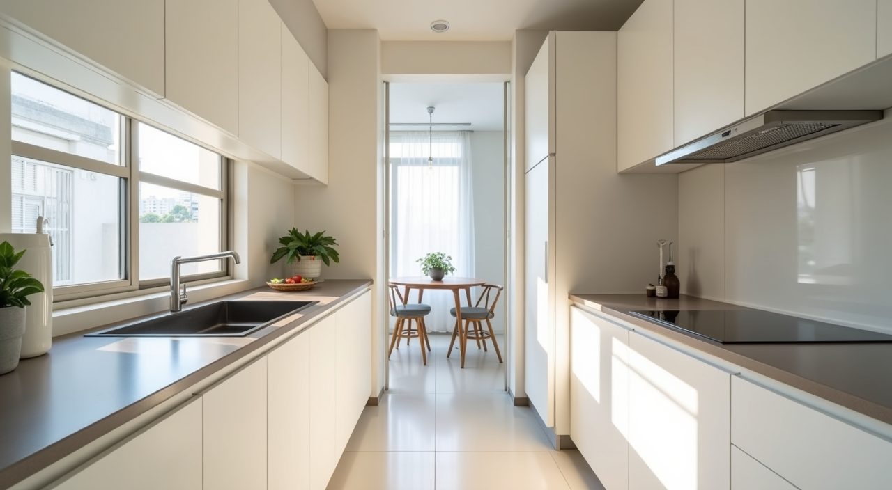 Minimalist Singapore HDB galley kitchen with two parallel counter runs and a tight work triangle layout