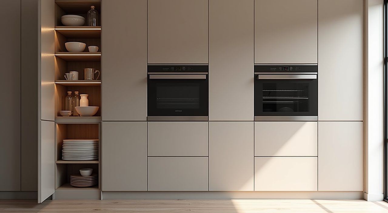 Minimalist Singapore kitchen tall pantry and appliance column with integrated oven and hidden pull out storage
