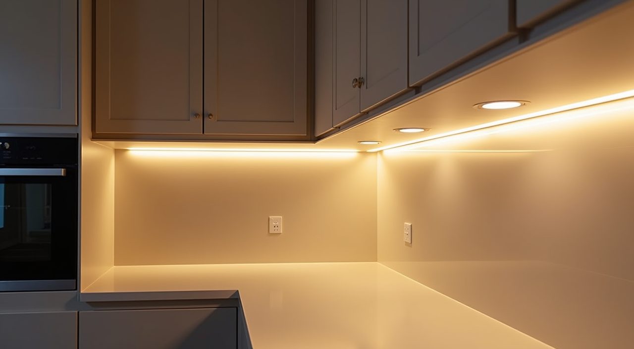 Minimalist Singapore kitchen showing warm under cabinet LED strip lighting layered over a pale worktop