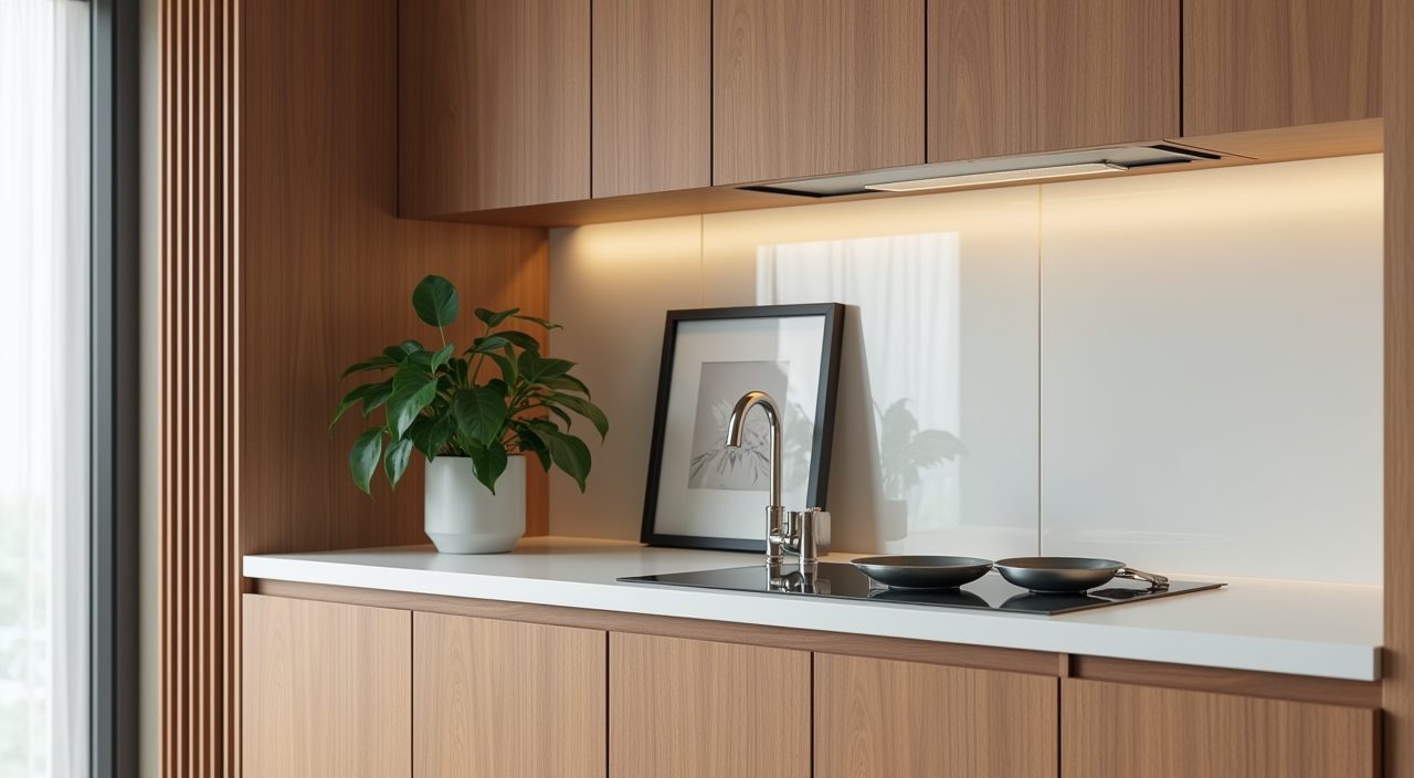 Minimalist Singapore kitchen corner with warm wood grain cabinets a fluted panel and a small potted plant
