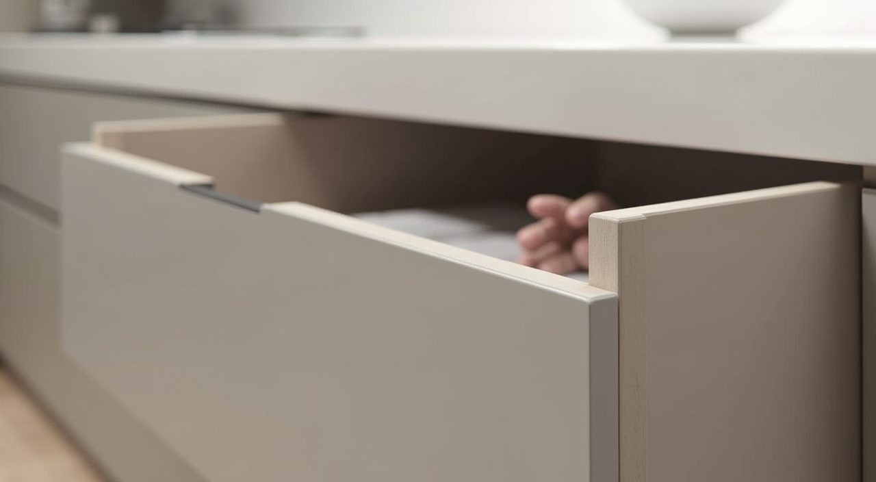 Close up of a handleless J profile groove on a matte greige base cabinet in a minimalist Singapore kitchen