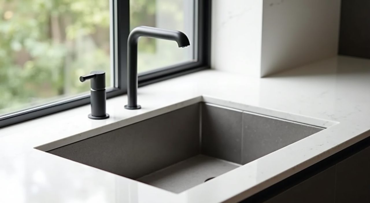 Minimalist Singapore kitchen sink detail with a slim matte black tap and undermount sink in seamless stone