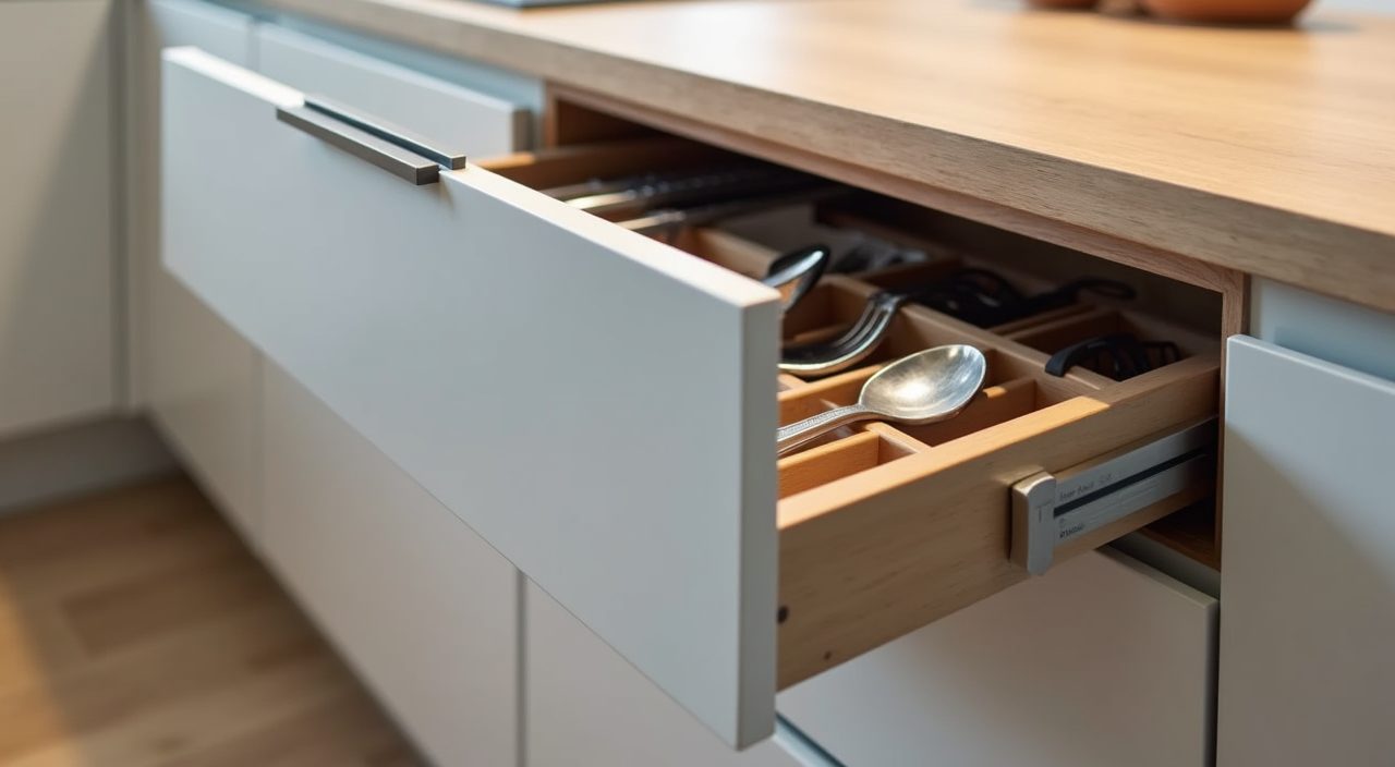 Open deep drawer with tidy storage inserts in a handleless matte cabinet in a minimalist Singapore kitchen