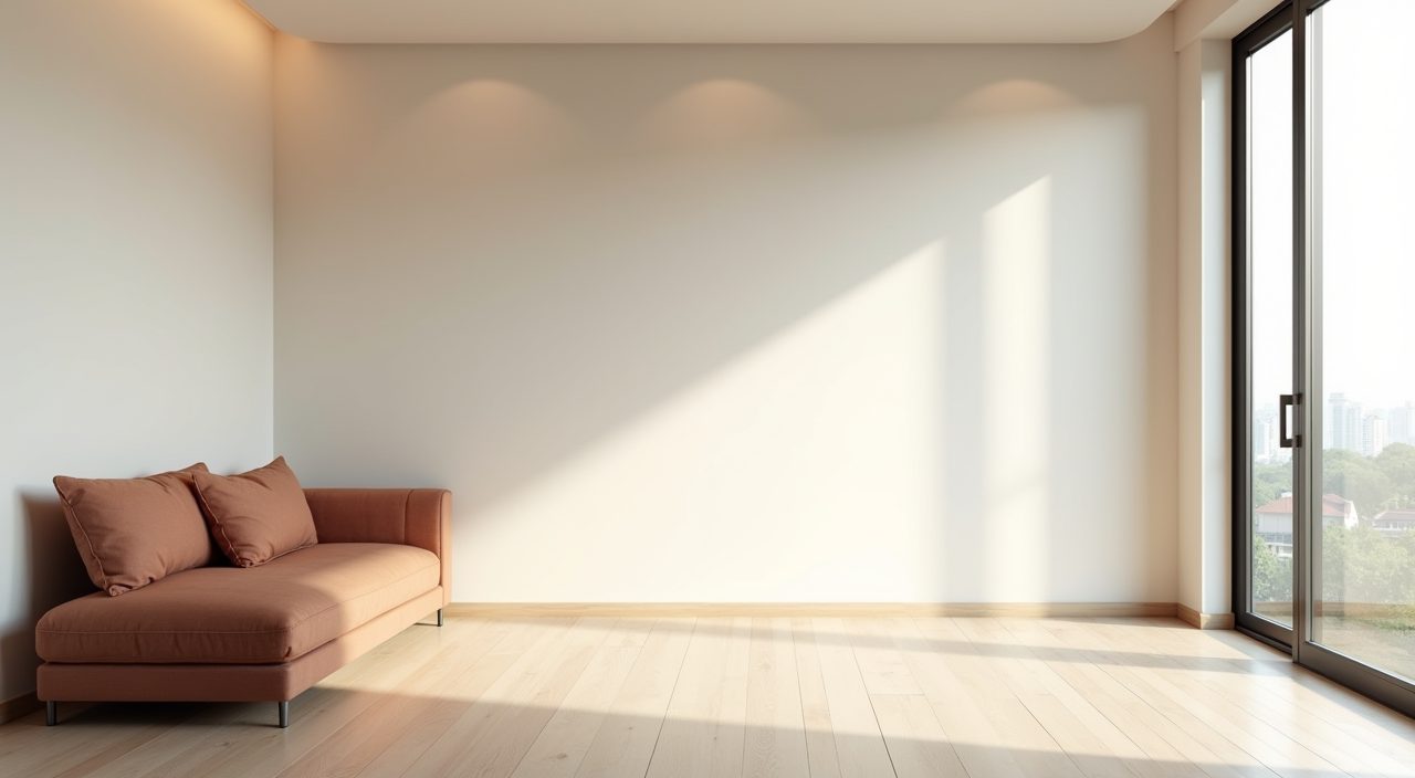 Minimalist Singapore living room with warm neutral two tone palette and pale oak floor