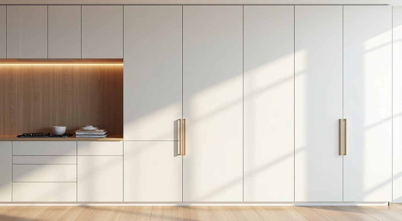 Minimalist living room full height handleless carpentry storage wall in a Singapore home