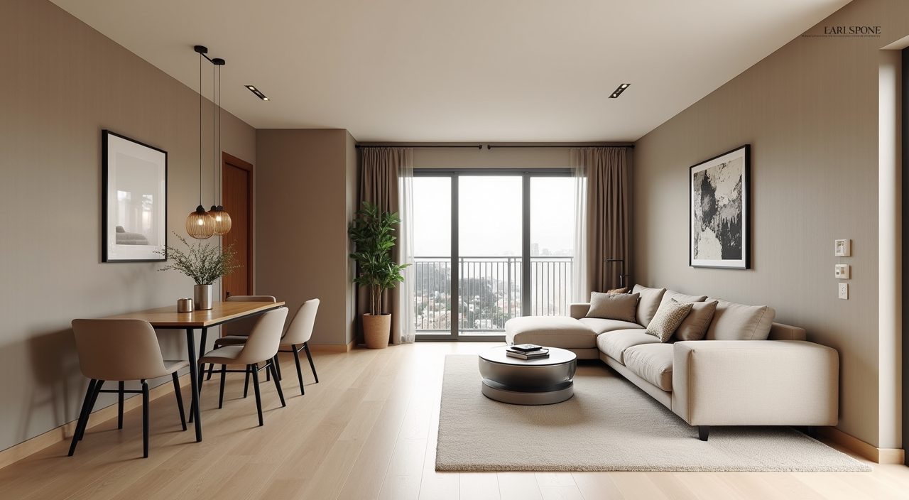 Wide view of a compact minimalist HDB living and dining zone in Singapore