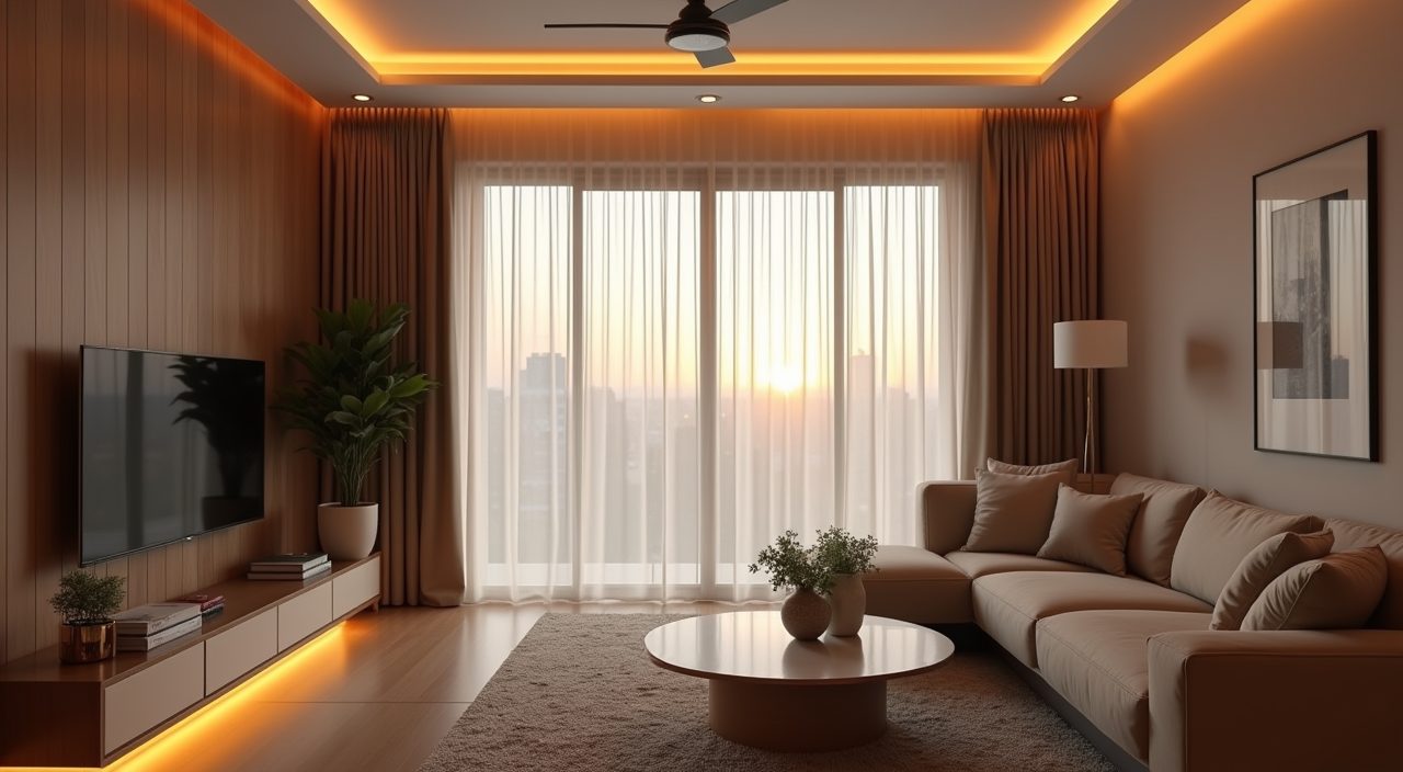 Minimalist Singapore living room with sheer curtains and layered warm lighting