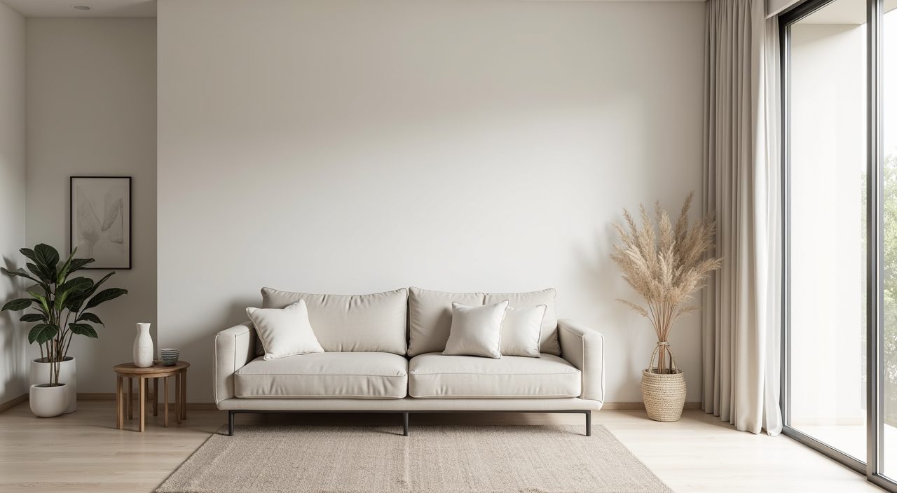 Minimalist low profile neutral sofa floated off the wall on a rug in a Singapore living room