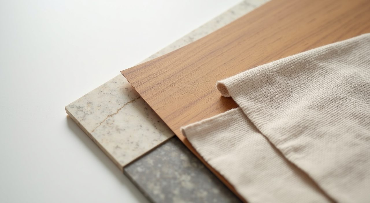Close up of minimalist humidity friendly materials laminate timber stone and boucle in a Singapore living room