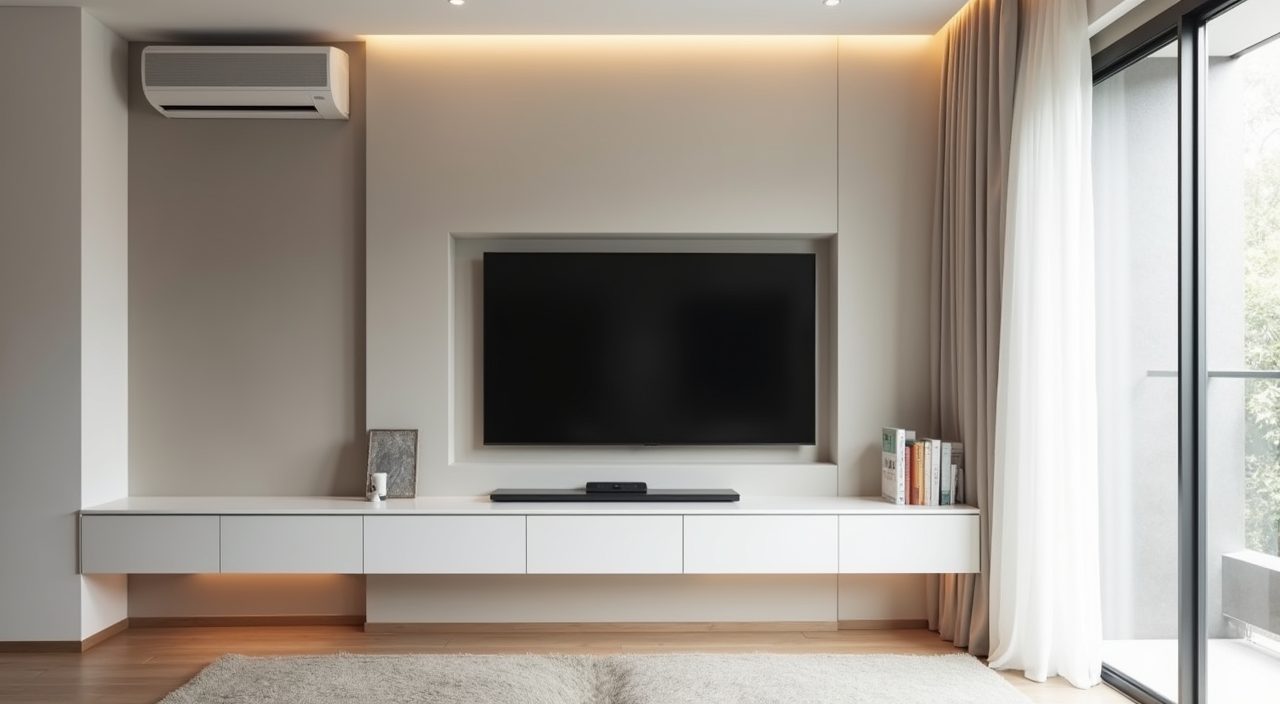 Minimalist Singapore living room feature wall with concealed TV cables and discreet neutral aircon
