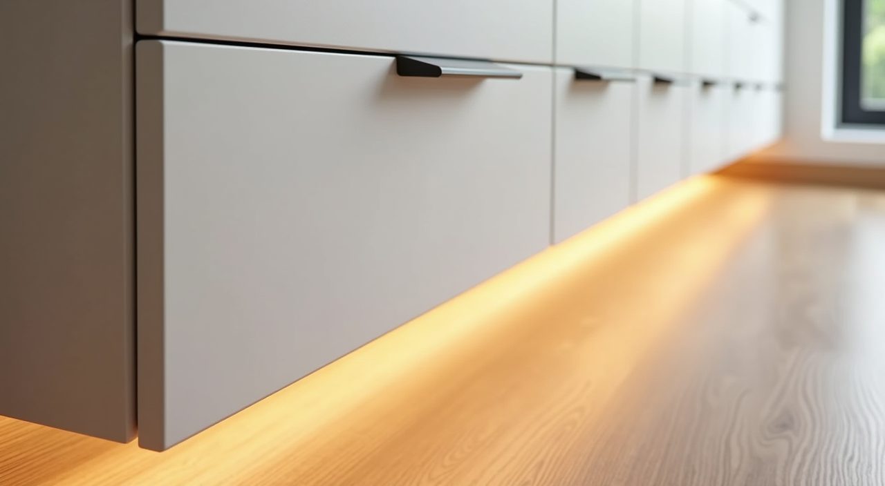Detail of handleless cabinet edge and hidden LED strip in a minimalist Singapore living room