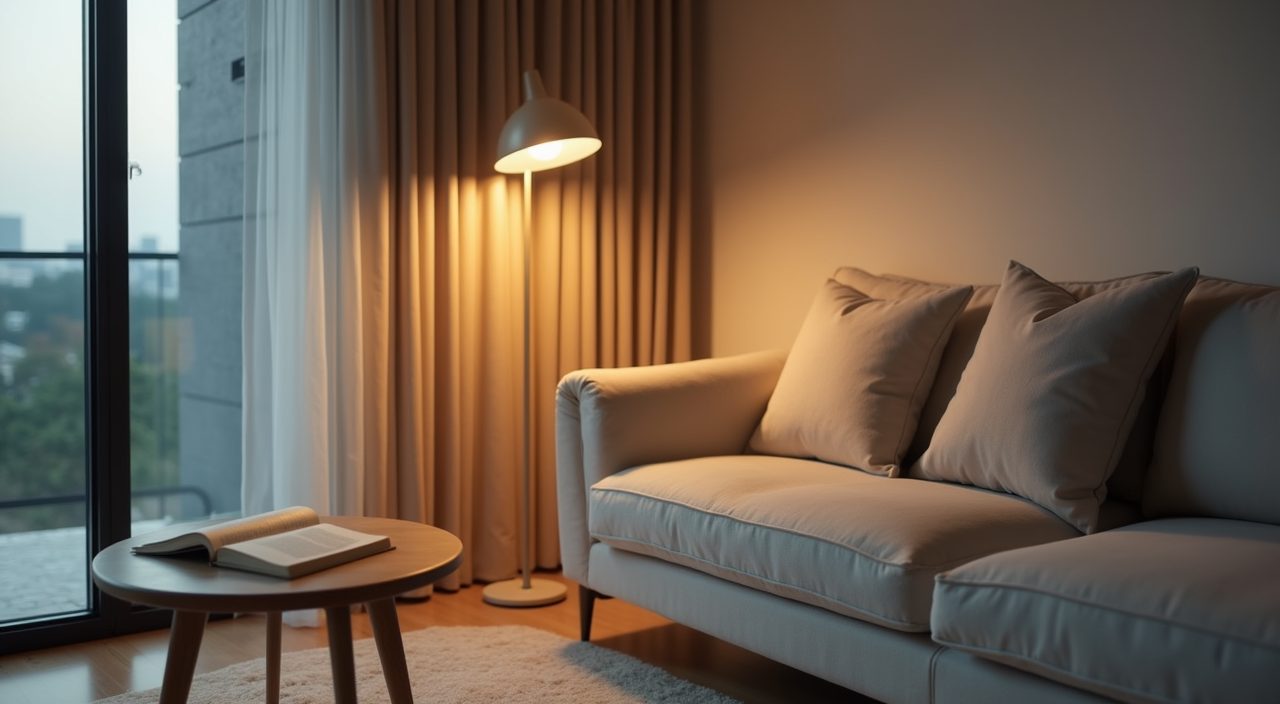 Slim reading floor lamp beside a low sofa in a minimalist Singapore living room