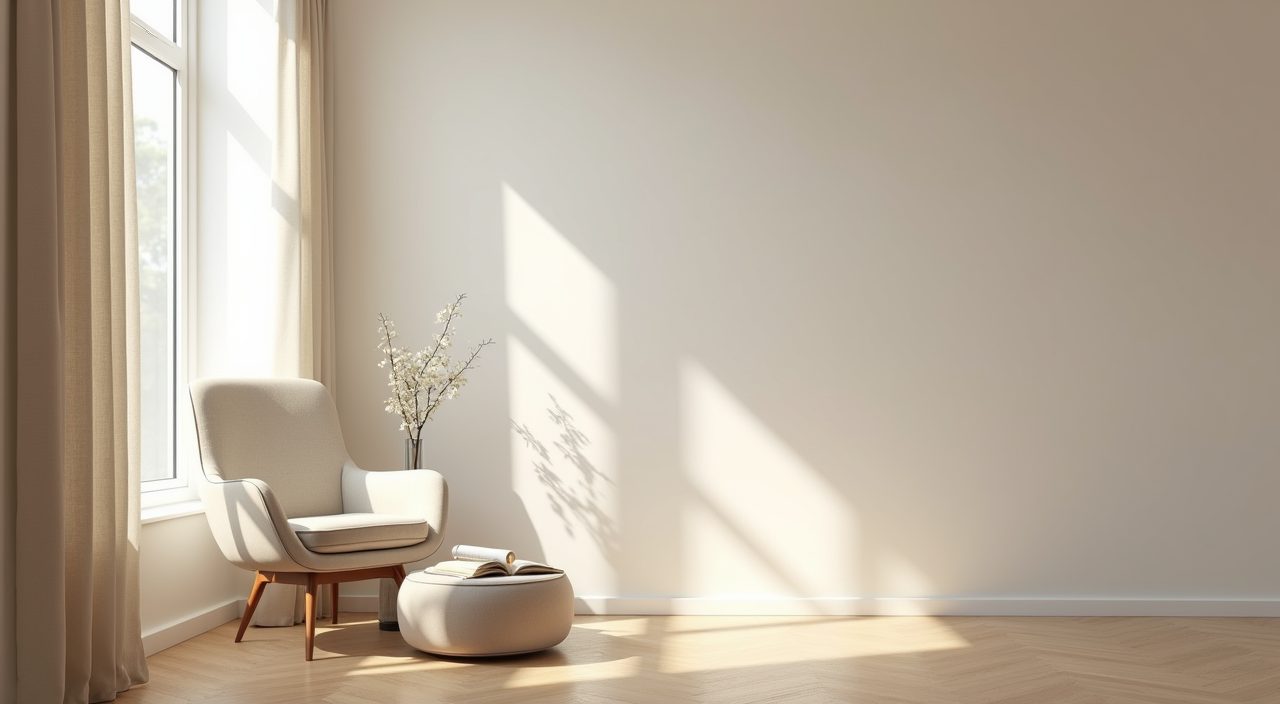 Minimalist reading nook with light armchair and pouffe in a Singapore living room