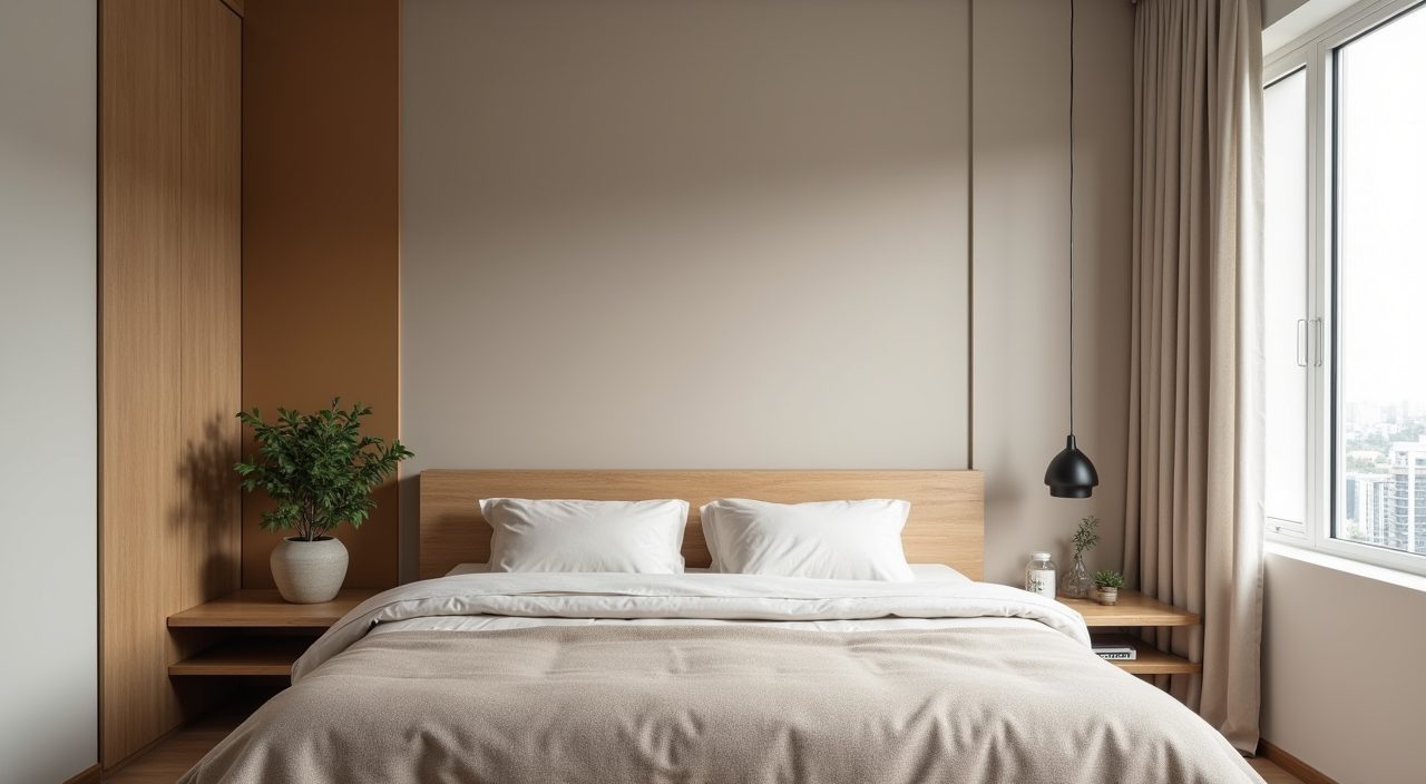Minimalist Singapore master bedroom with warm greige and oat neutral palette and timber headboard