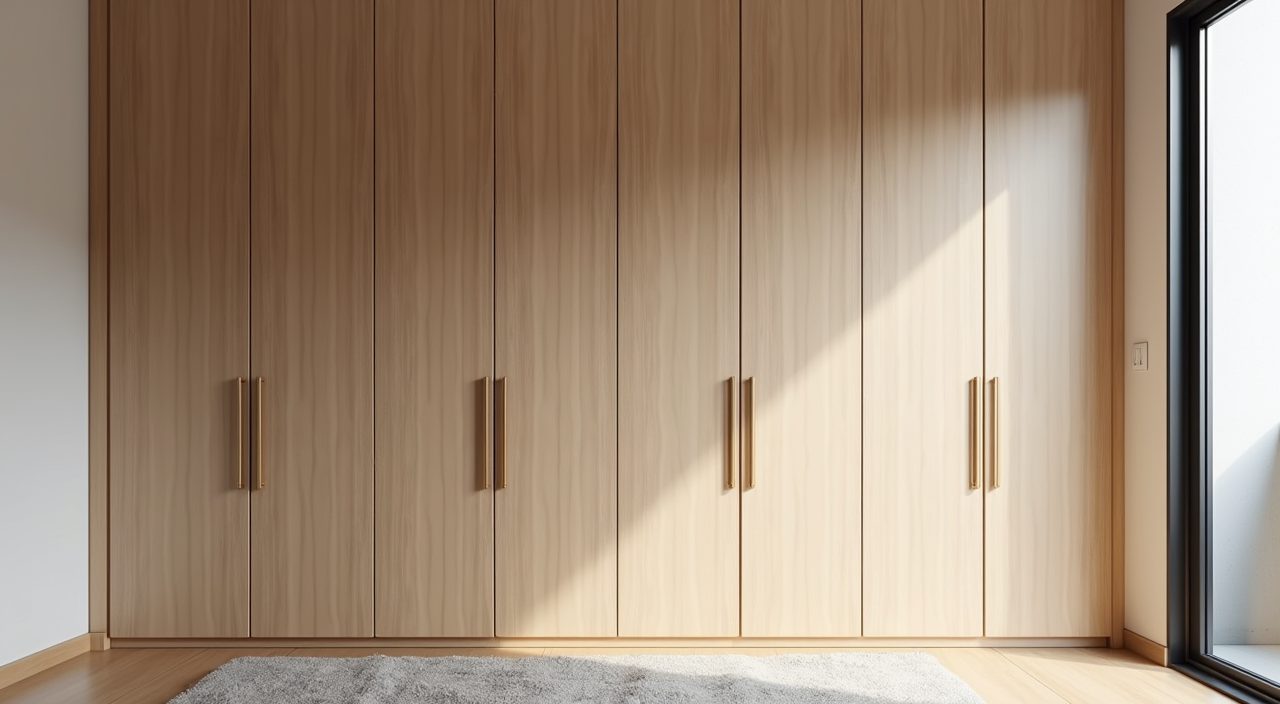 Minimalist Singapore master bedroom full-height handleless built-in wardrobe in warm woodgrain laminate