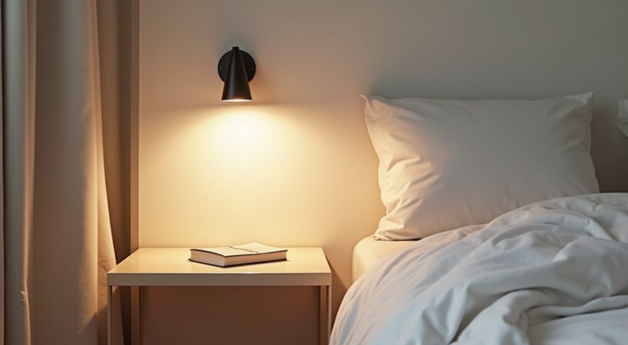 Minimalist Singapore master bedroom bedside detail with wall-mounted warm reading light