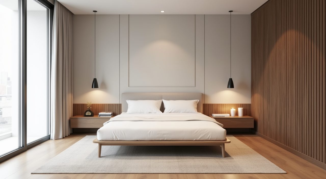 Minimalist Singapore master bedroom with low platform bed and clear open floor