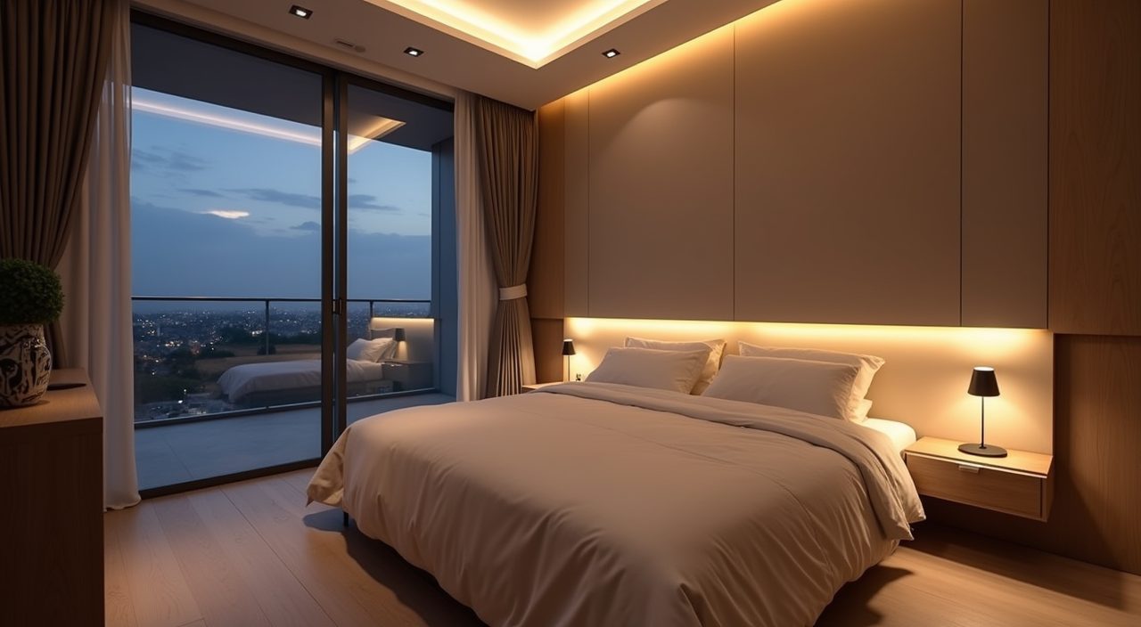Minimalist Singapore master bedroom with layered warm lighting and concealed LED cove strip