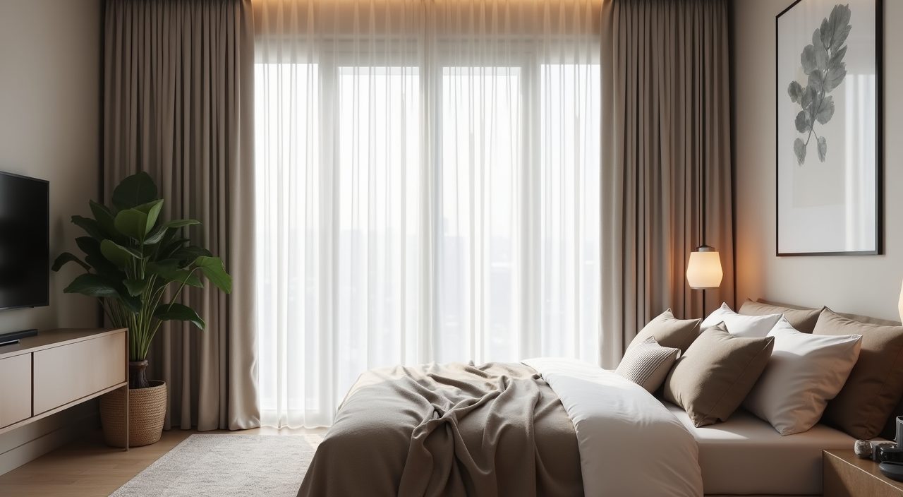 Minimalist Singapore master bedroom with floor-length sheer and blackout curtain layers on a ceiling track