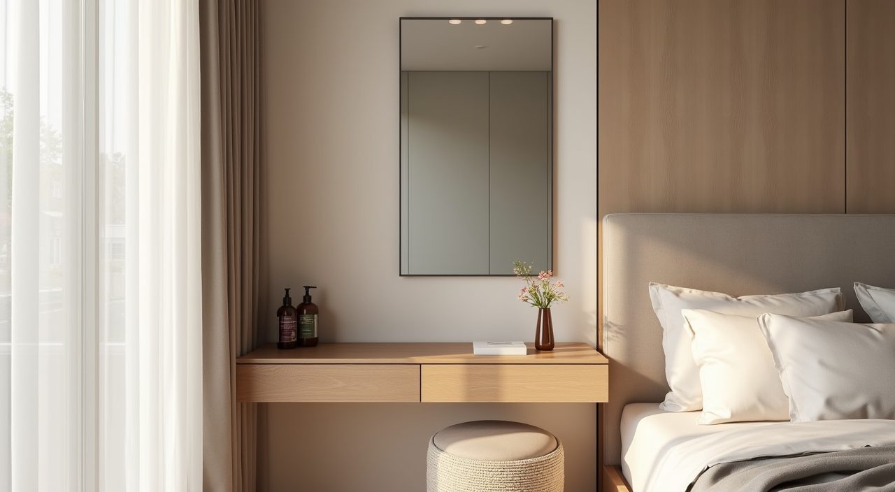 Minimalist Singapore master bedroom dressing corner with slim wall-mounted vanity ledge and mirror