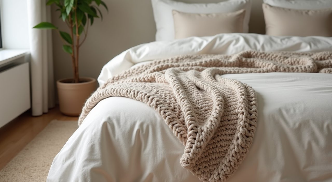 Minimalist Singapore master bedroom texture detail with knit throw linen duvet and wool rug