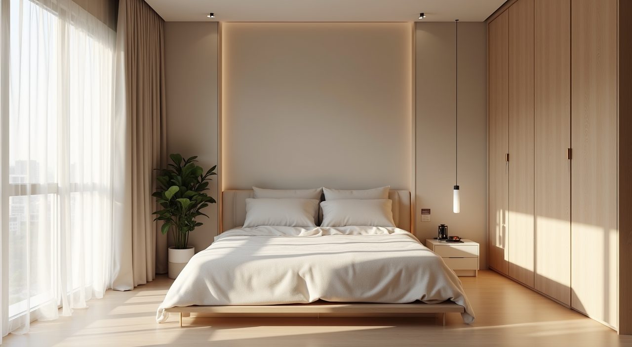 Minimalist Singapore HDB master bedroom wide view with neutral palette and clear floor